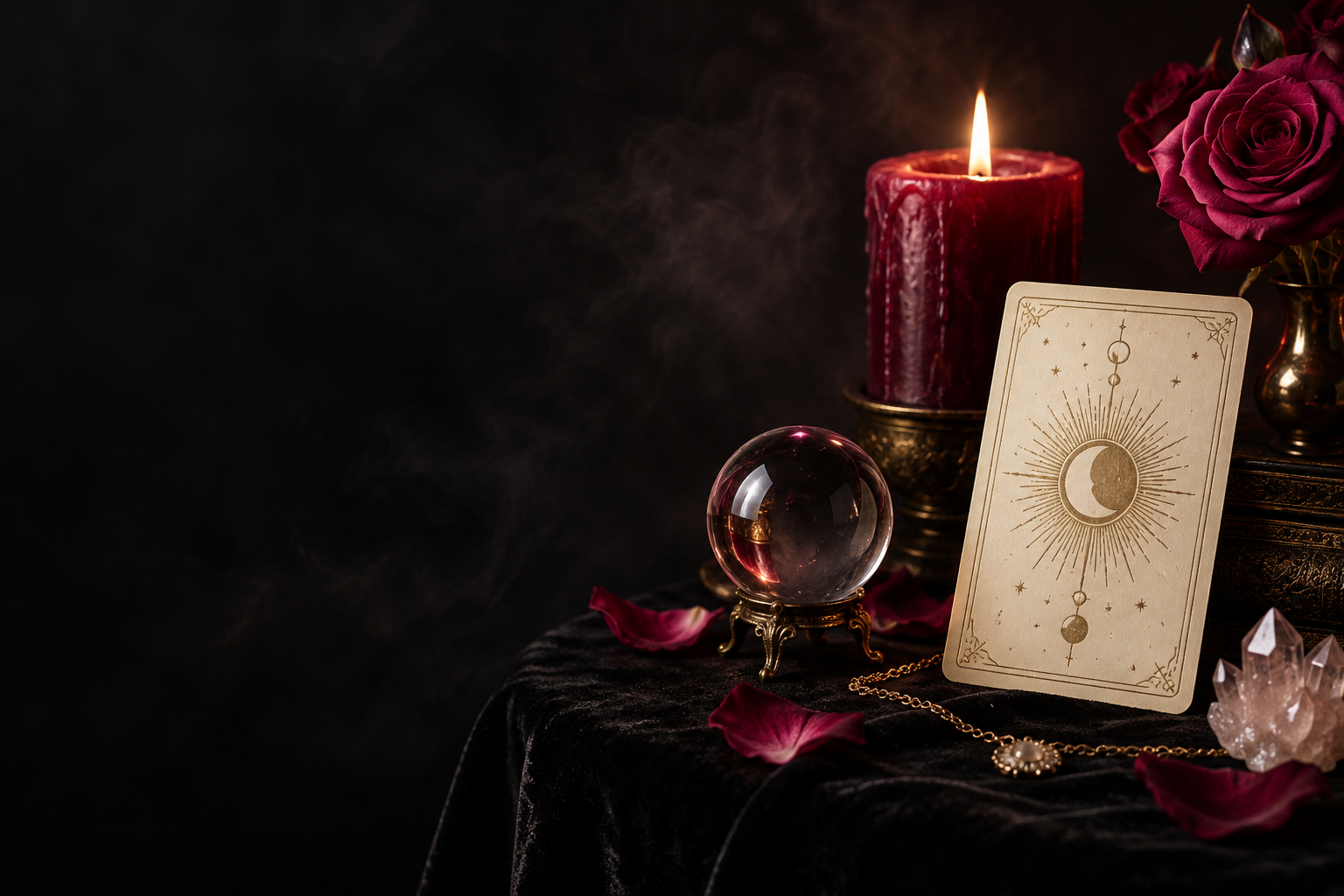 Tarot card, candle and crystal ball on a dark table
