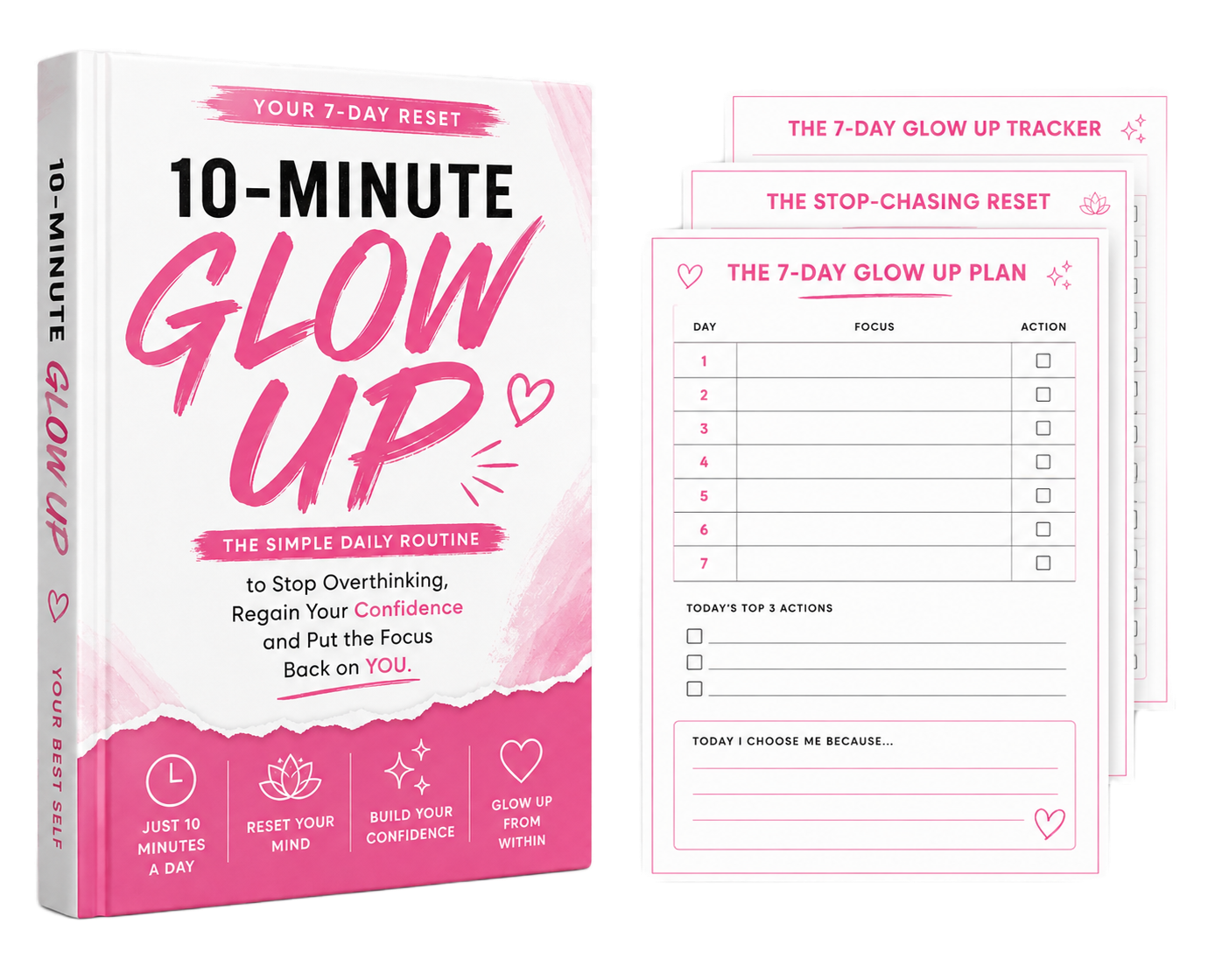 10-Minute Glow Up workbook with a stacked set of printable reset worksheets
